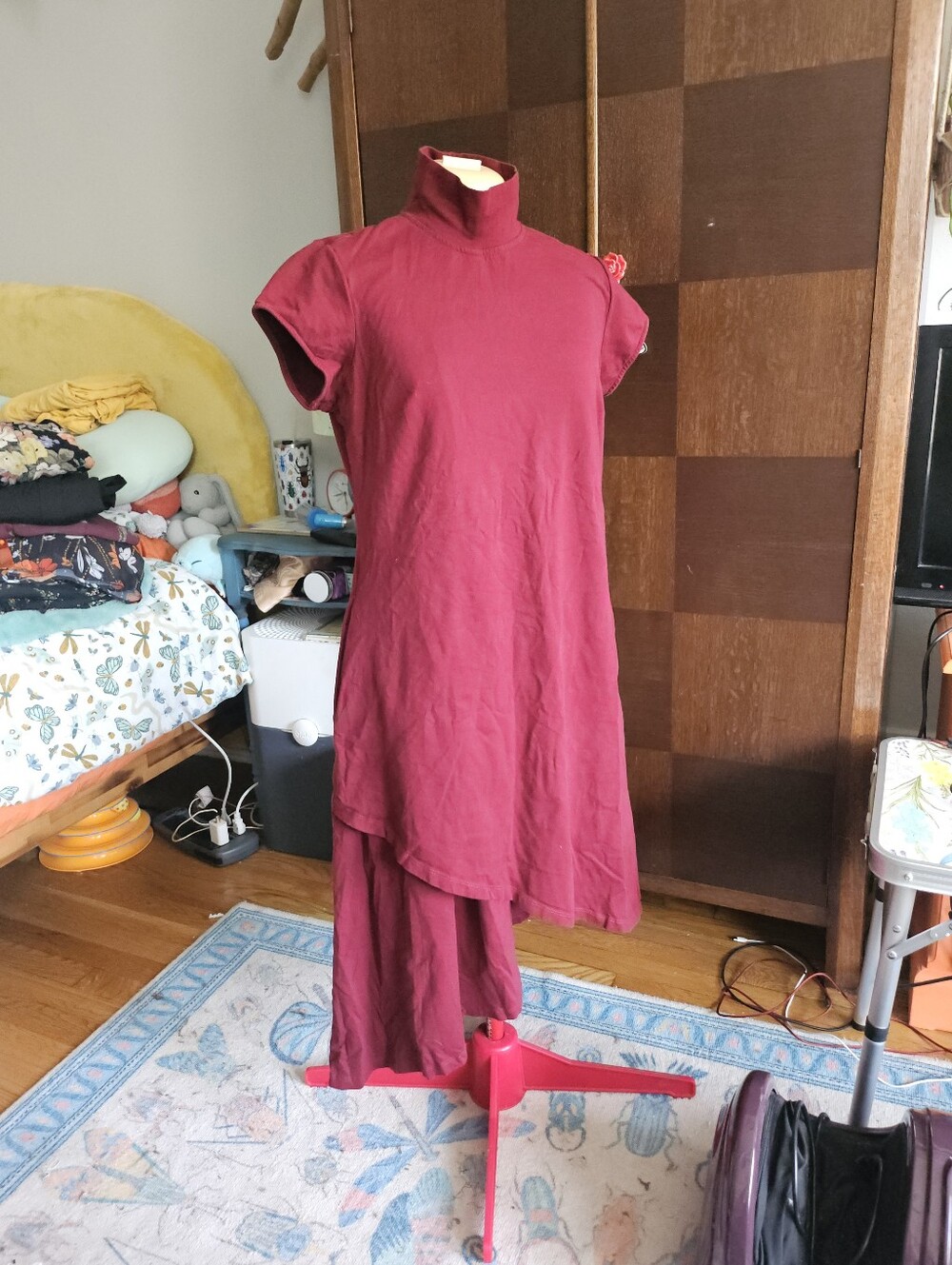 eshakti Asymmrtrical Mock Neck Dress in Deep Red